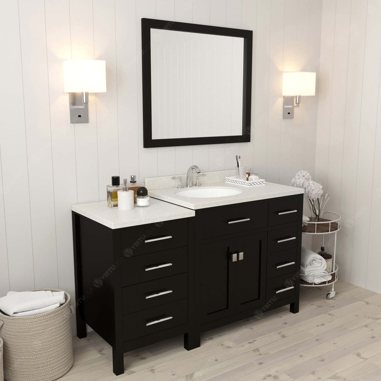 Virtu USA Caroline Parkway 57" Single Bath Vanity with Dazzle White White Quartz Top and Round Sink with Matching Mirror
