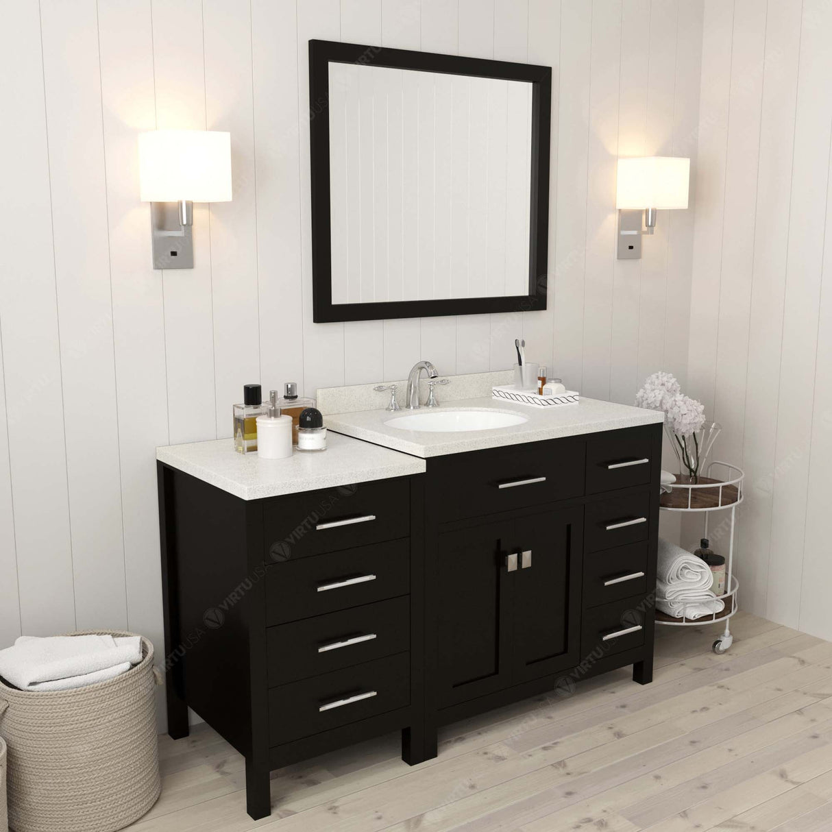 Virtu USA Caroline Parkway 57" Single Bath Vanity with Dazzle White Quartz Top and Round Sink with Brushed Nickel Faucet with Matching Mirror