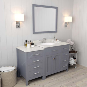 Virtu USA Caroline Parkway 57" Single Bath Vanity with Dazzle White Quartz Top and Round Sink with Polished Chrome Faucet with Matching Mirror