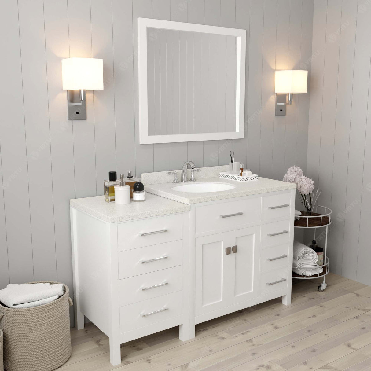 Virtu USA Caroline Parkway 57" Single Bath Vanity with Dazzle White Quartz Top and Round Sink with Brushed Nickel Faucet with Matching Mirror