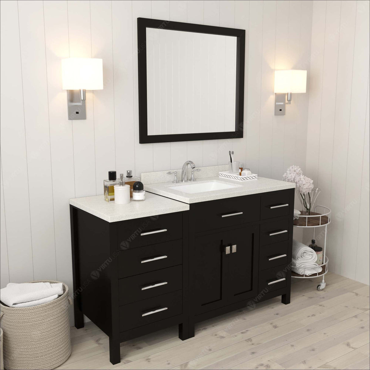 Virtu USA Caroline Parkway 57" Single Bath Vanity with Dazzle White Quartz Top and Square Sink with Matching Mirror