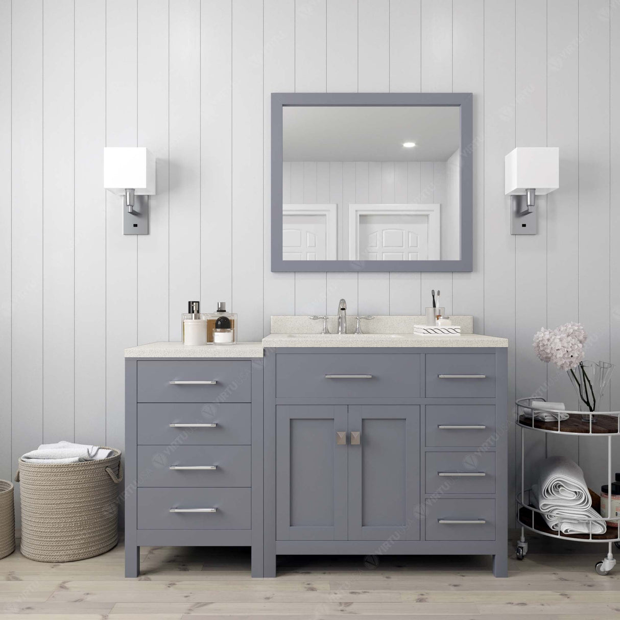 Virtu USA Caroline Parkway 57" Single Bath Vanity with Dazzle White Quartz Top and Square Sink with Matching Mirror