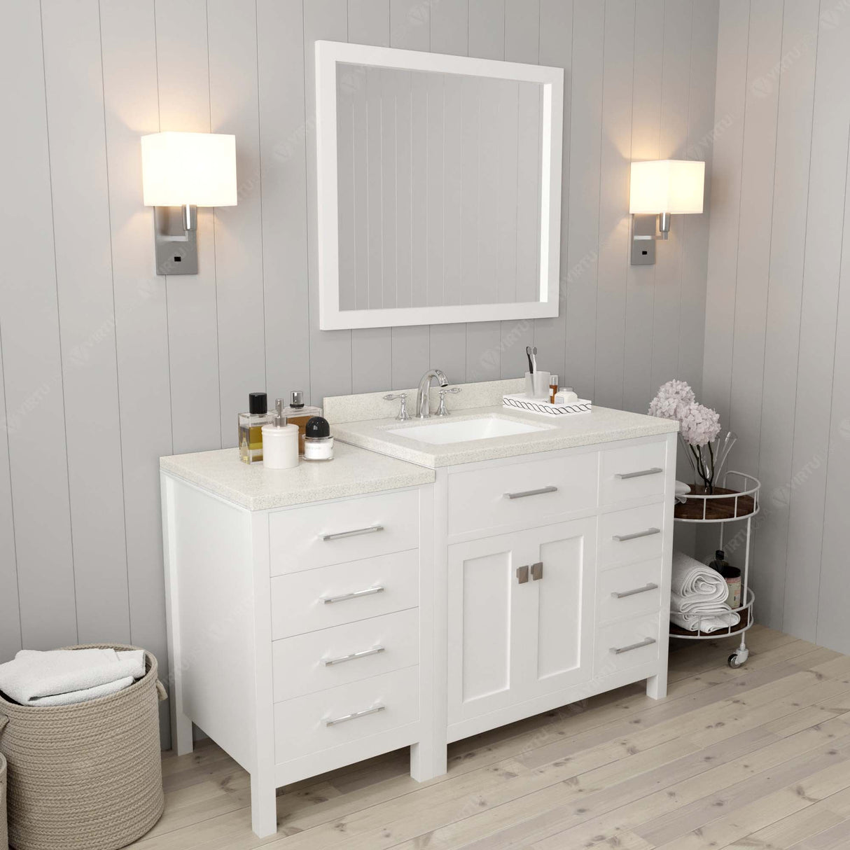 Virtu USA Caroline Parkway 57" Single Bath Vanity with Dazzle White Quartz Top and Square Sink with Matching Mirror