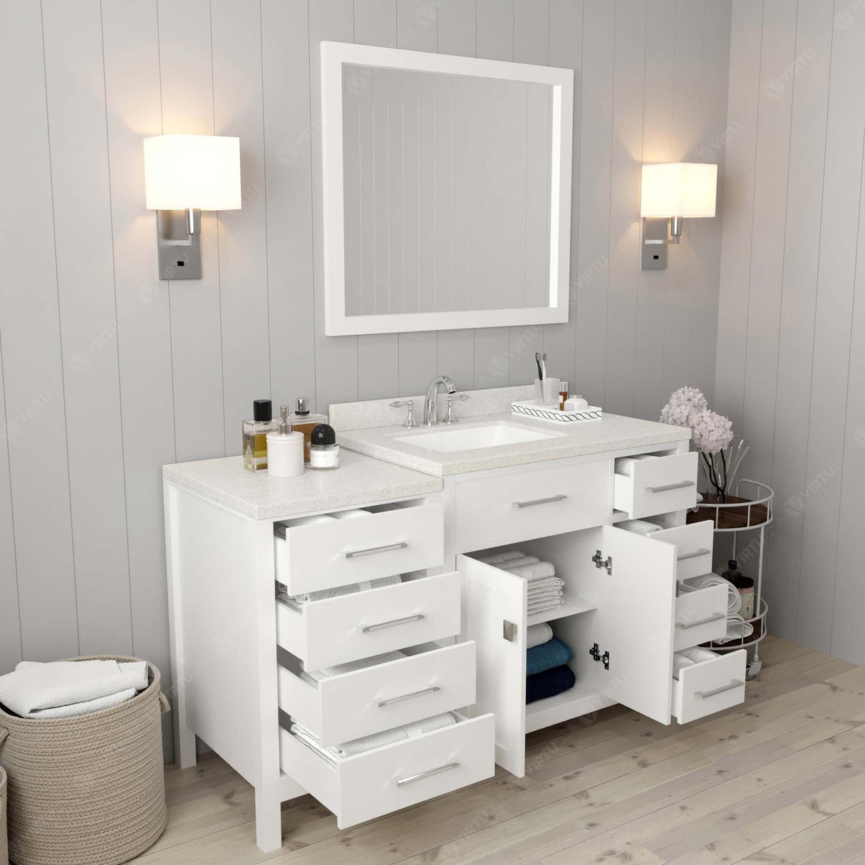 Virtu USA Caroline Parkway 57" Single Bath Vanity with Dazzle White Quartz Top and Square Sink with Matching Mirror