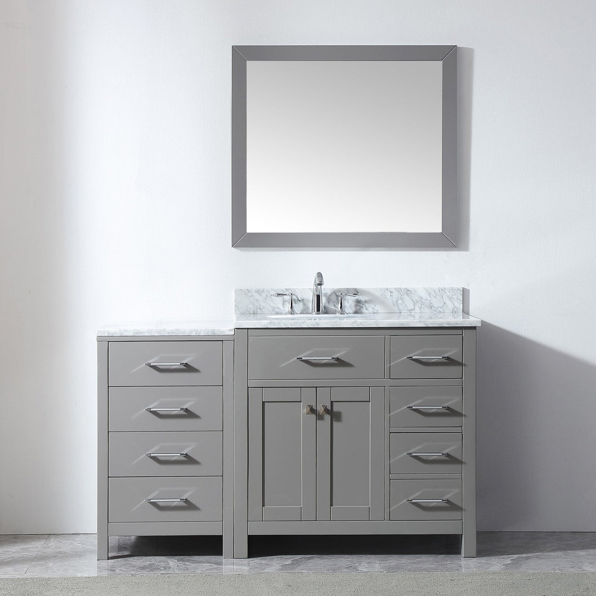 Virtu USA Caroline Parkway 57" Single Bath Vanity with Italian White Marble Top and Round Sink with Brushed Nickel Faucet with Matching Mirror