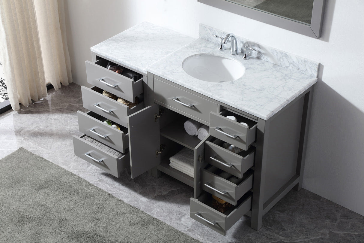 Virtu USA Caroline Parkway 57" Single Bath Vanity with Italian White Marble Top and Round Sink with Brushed Nickel Faucet with Matching Mirror