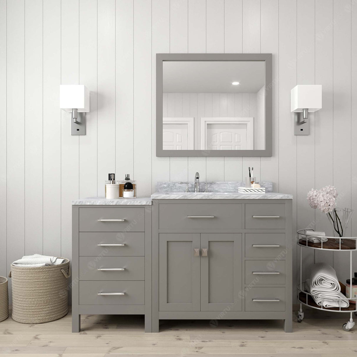 Virtu USA Caroline Parkway 57" Single Bath Vanity with Italian White Marble Top and Round Sink with Polished Chrome Faucet with Matching Mirror