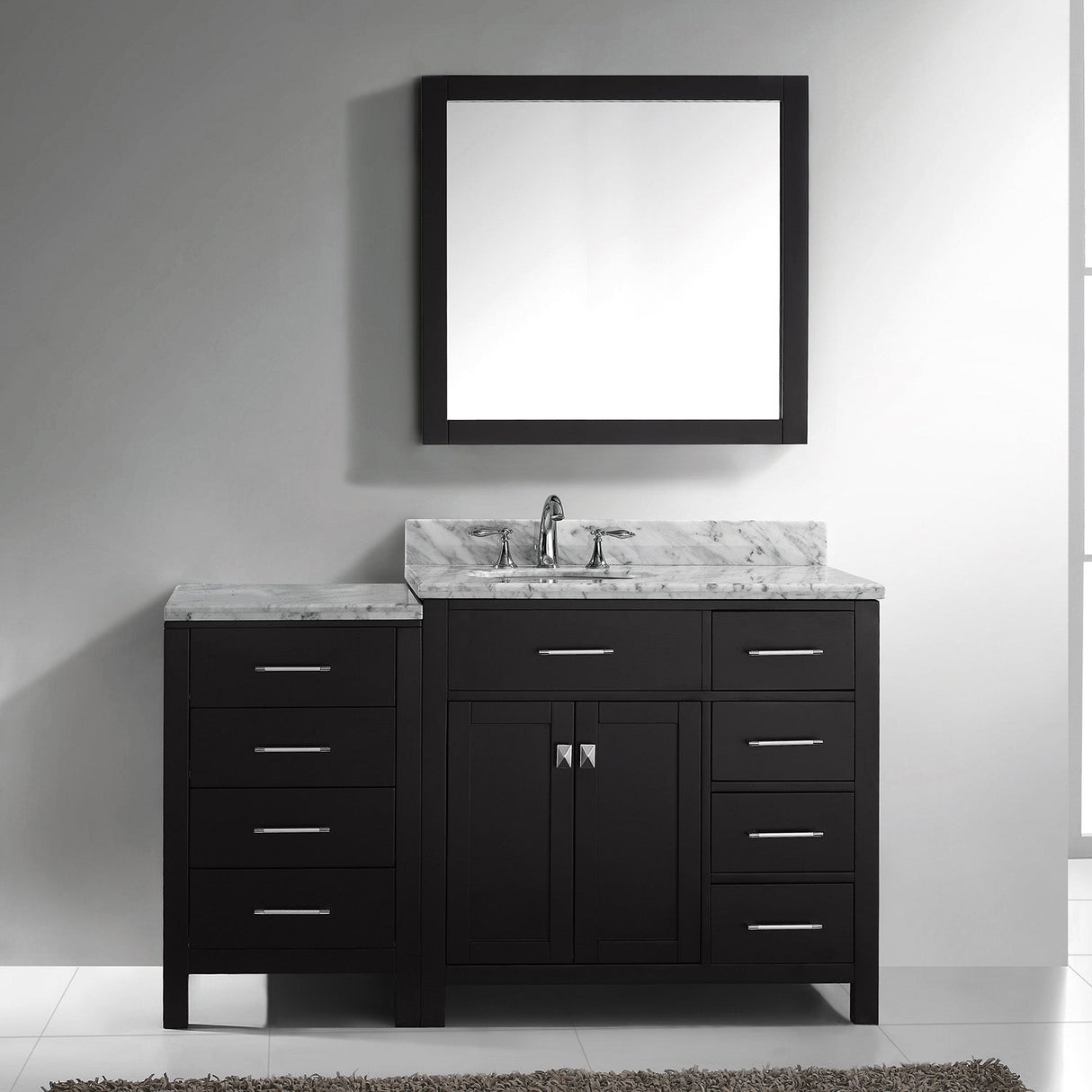 Virtu USA Caroline Parkway 57" Single Bath Vanity with Italian White Marble Top and Round Sink with Brushed Nickel Faucet with Matching Mirror