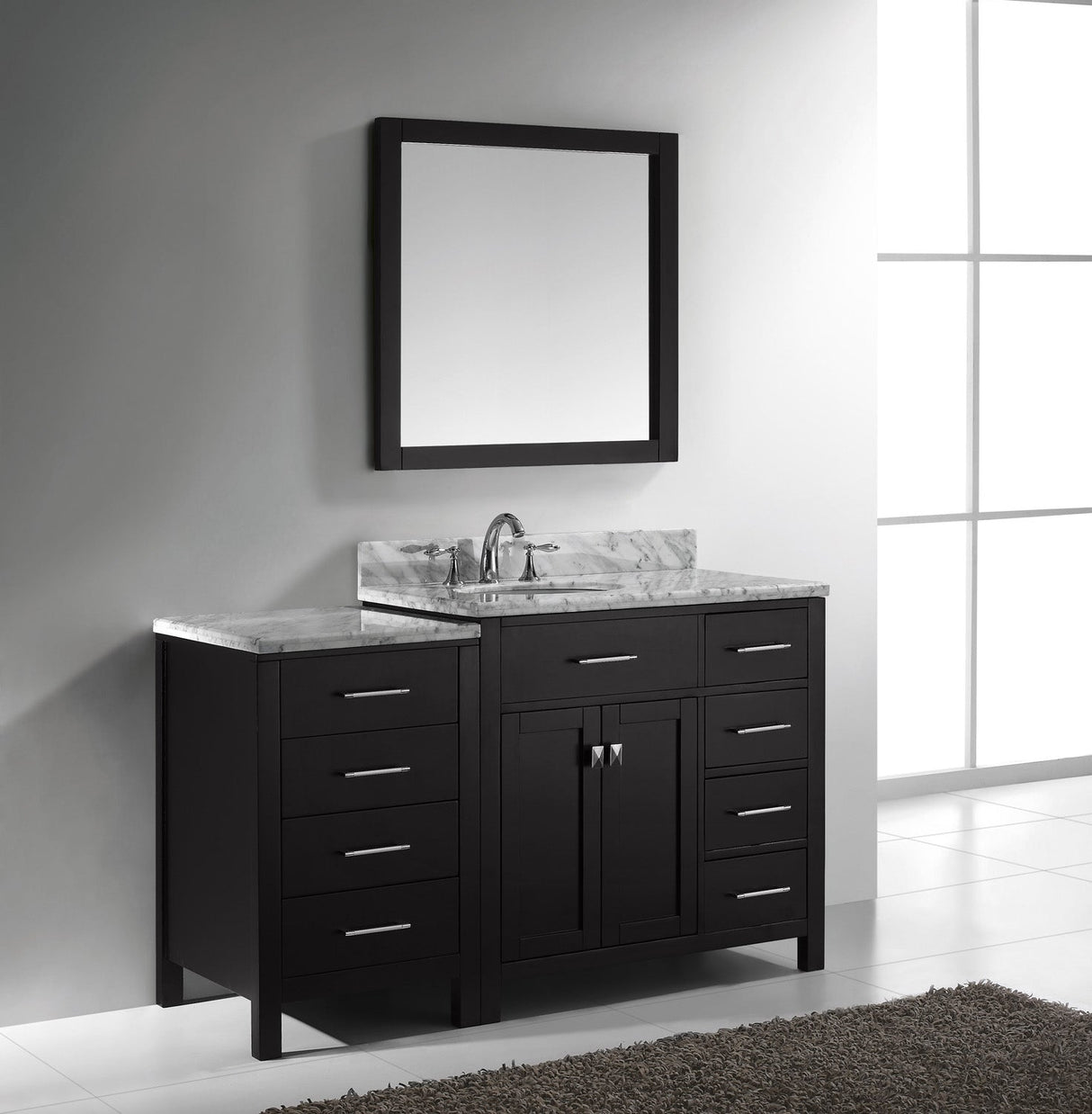 Virtu USA Caroline Parkway 57" Single Bath Vanity with Italian White Marble Top and Round Sink with Brushed Nickel Faucet with Matching Mirror