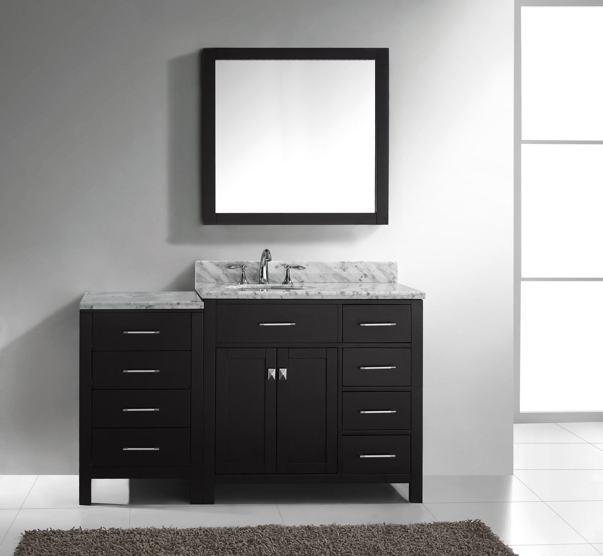 Virtu USA Caroline Parkway 57" Single Bath Vanity with Italian White Marble Top and Round Sink with Matching Mirror