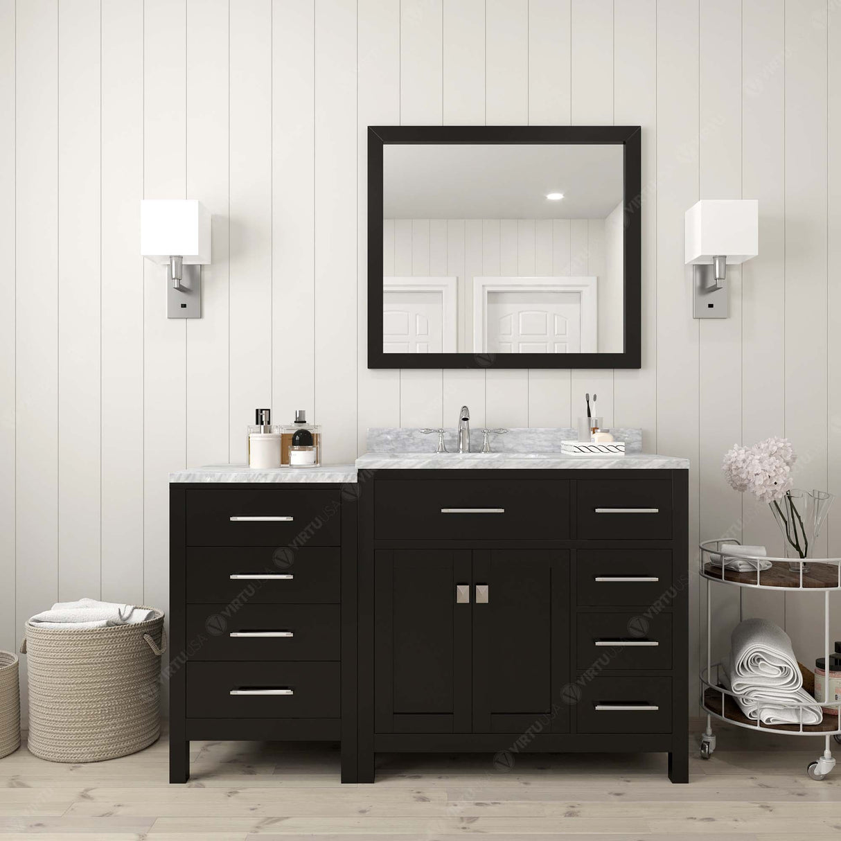 Virtu USA Caroline Parkway 57" Single Bath Vanity with Italian White Marble Top and Round Sink with Polished Chrome Faucet with Matching Mirror