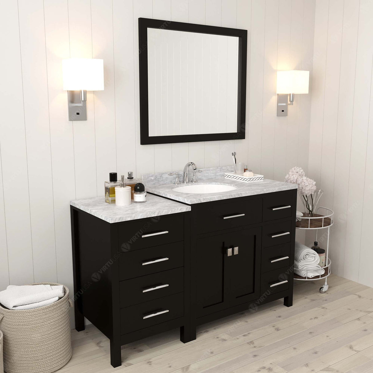 Virtu USA Caroline Parkway 57" Single Bath Vanity with Italian White Marble Top and Round Sink with Polished Chrome Faucet with Matching Mirror