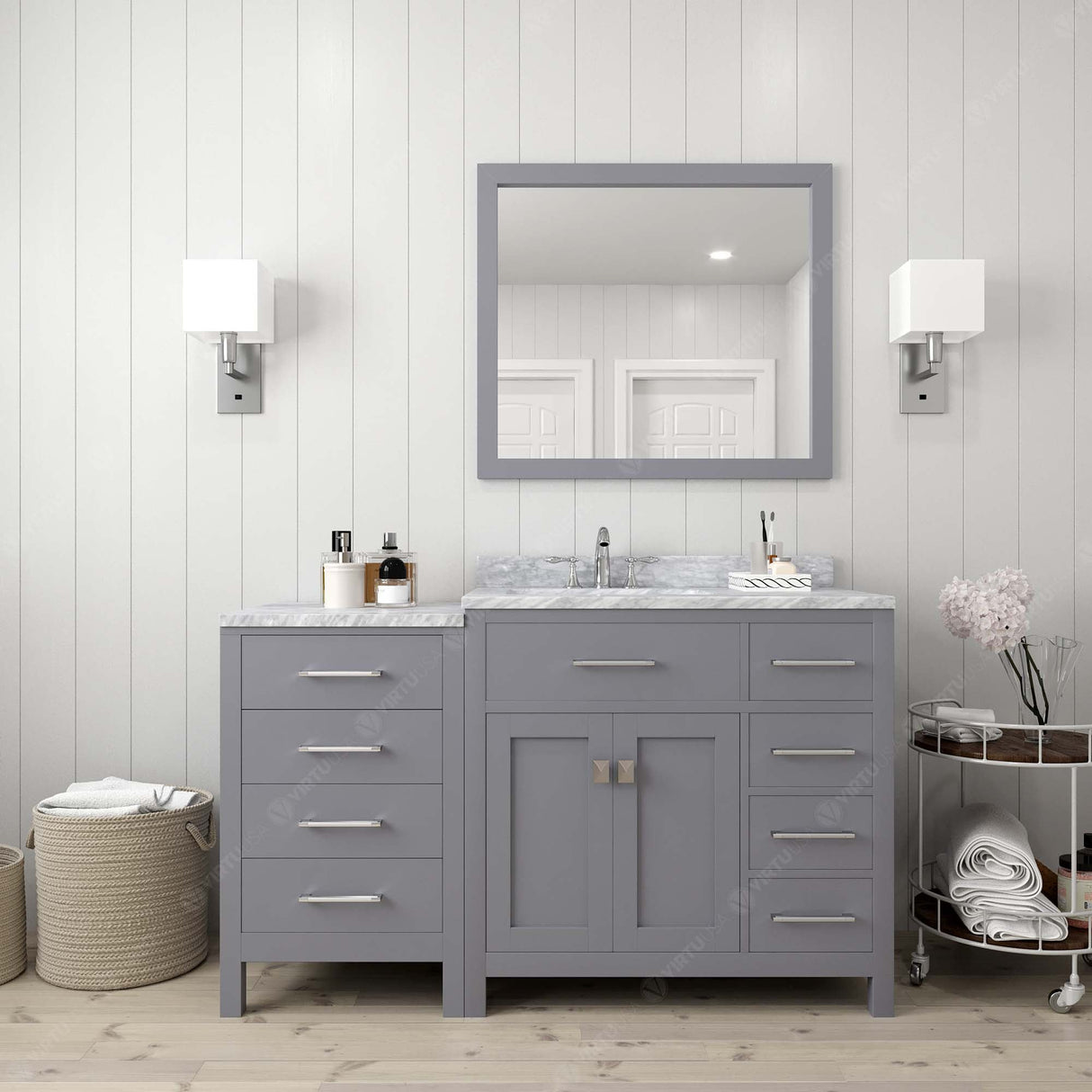 Virtu USA Caroline Parkway 57" Single Bath Vanity with Italian White Marble Top and Round Sink with Matching Mirror