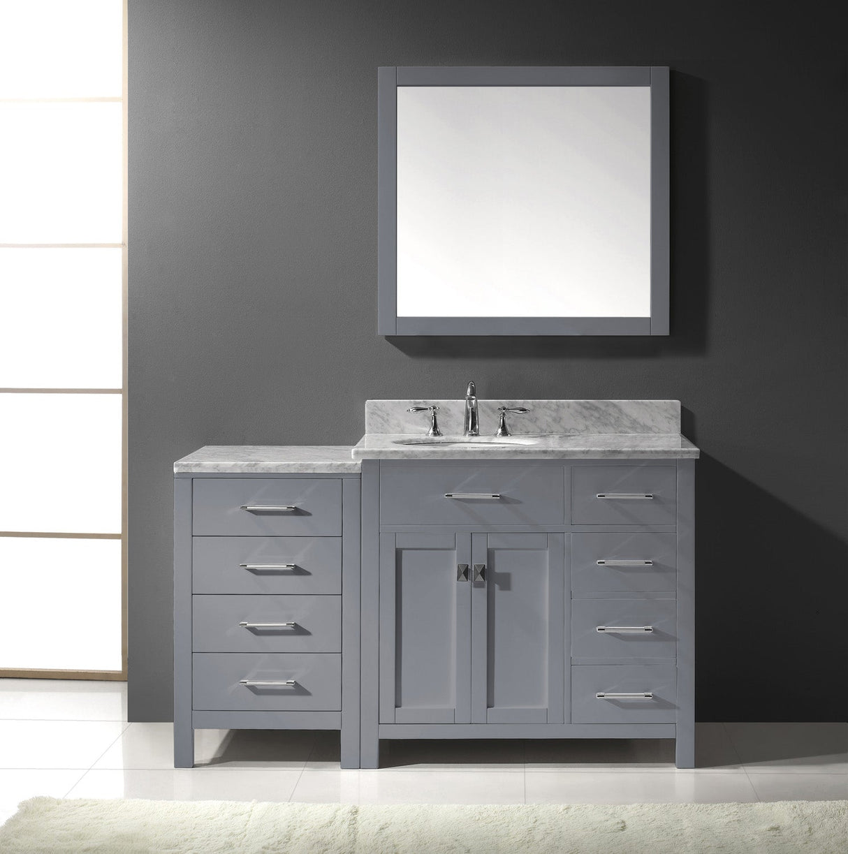 Virtu USA Caroline Parkway 57" Single Bath Vanity with Italian White Marble Top and Round Sink with Matching Mirror