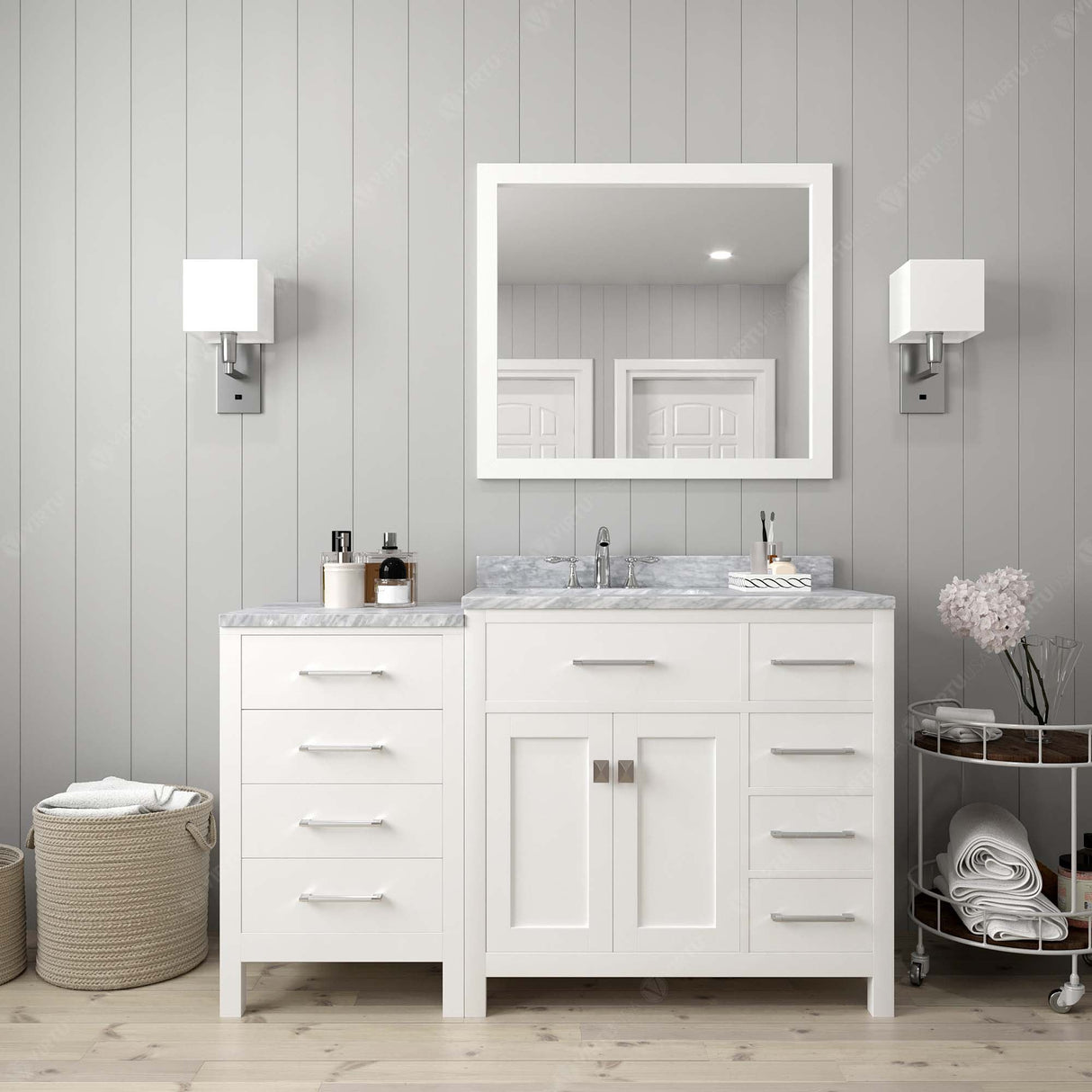 Virtu USA Caroline Parkway 57" Single Bath Vanity with Italian White Marble Top and Round Sink with Polished Chrome Faucet with Matching Mirror