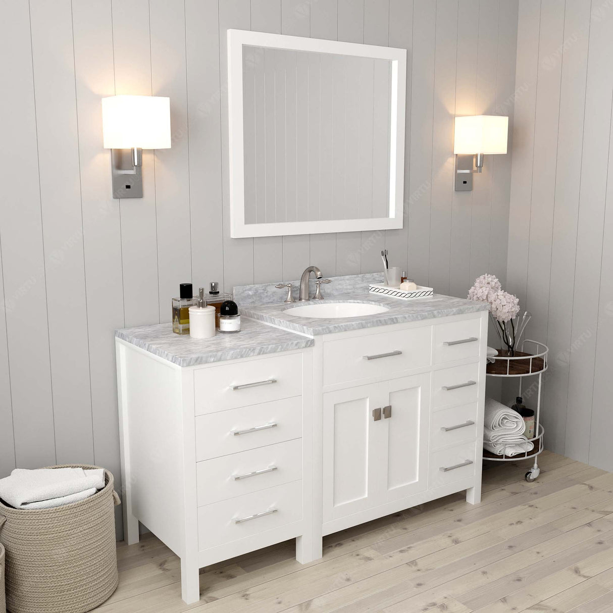 Virtu USA Caroline Parkway 57" Single Bath Vanity with Italian White Marble Top and Round Sink with Matching Mirror