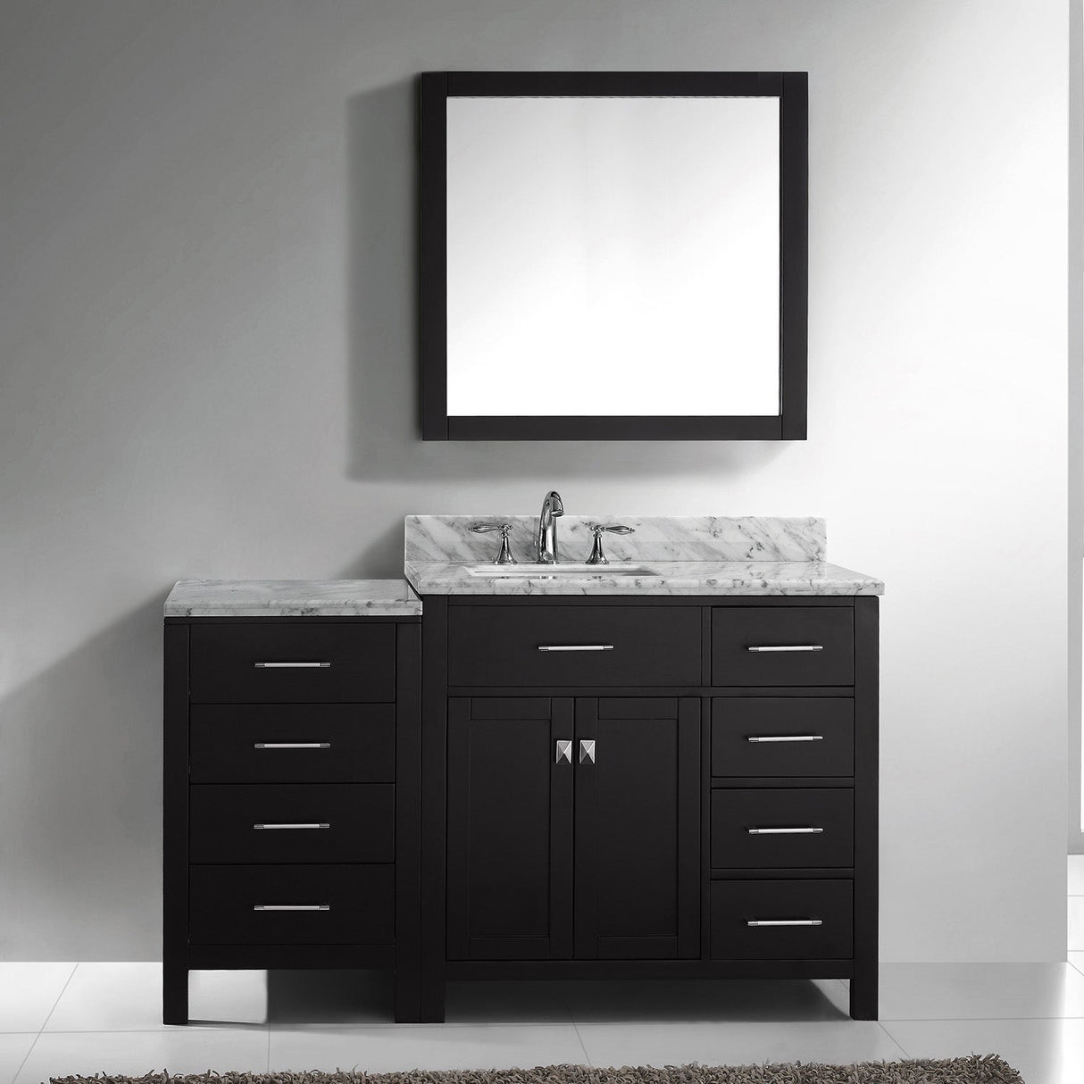 Virtu USA Caroline Parkway 57" Single Bath Vanity with Italian White Marble Top and Square Sink with Brushed Nickel Faucet with Matching Mirror