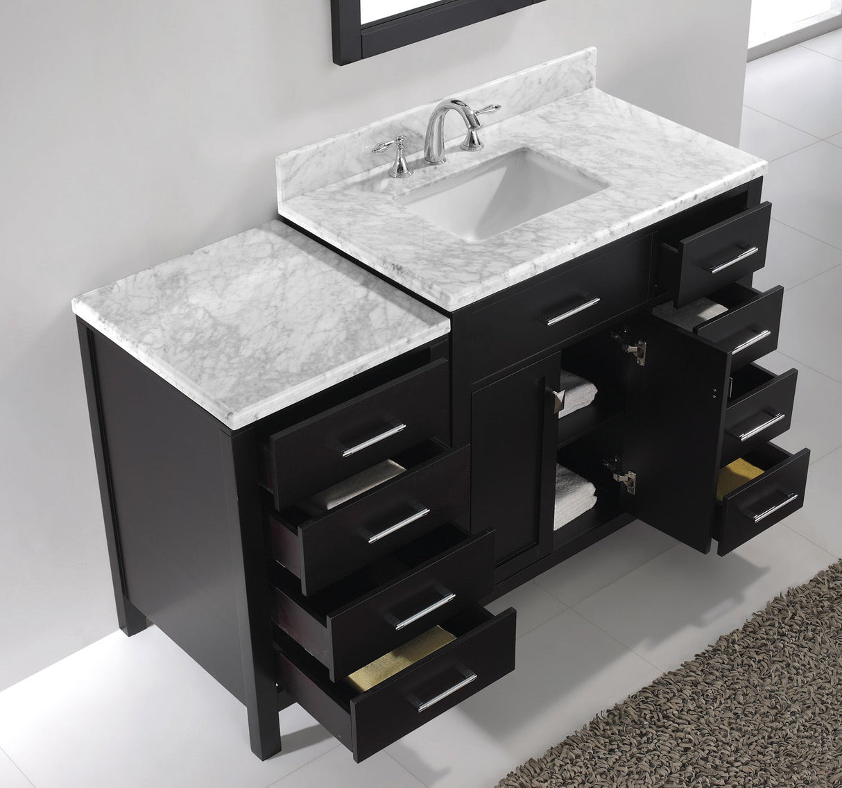 Virtu USA Caroline Parkway 57" Single Bath Vanity with Italian White Marble Top and Square Sink with Brushed Nickel Faucet with Matching Mirror