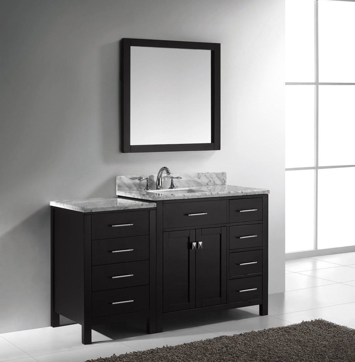 Virtu USA Caroline Parkway 57" Single Bath Vanity with Italian White Marble Top and Square Sink with Polished Chrome Faucet with Matching Mirror