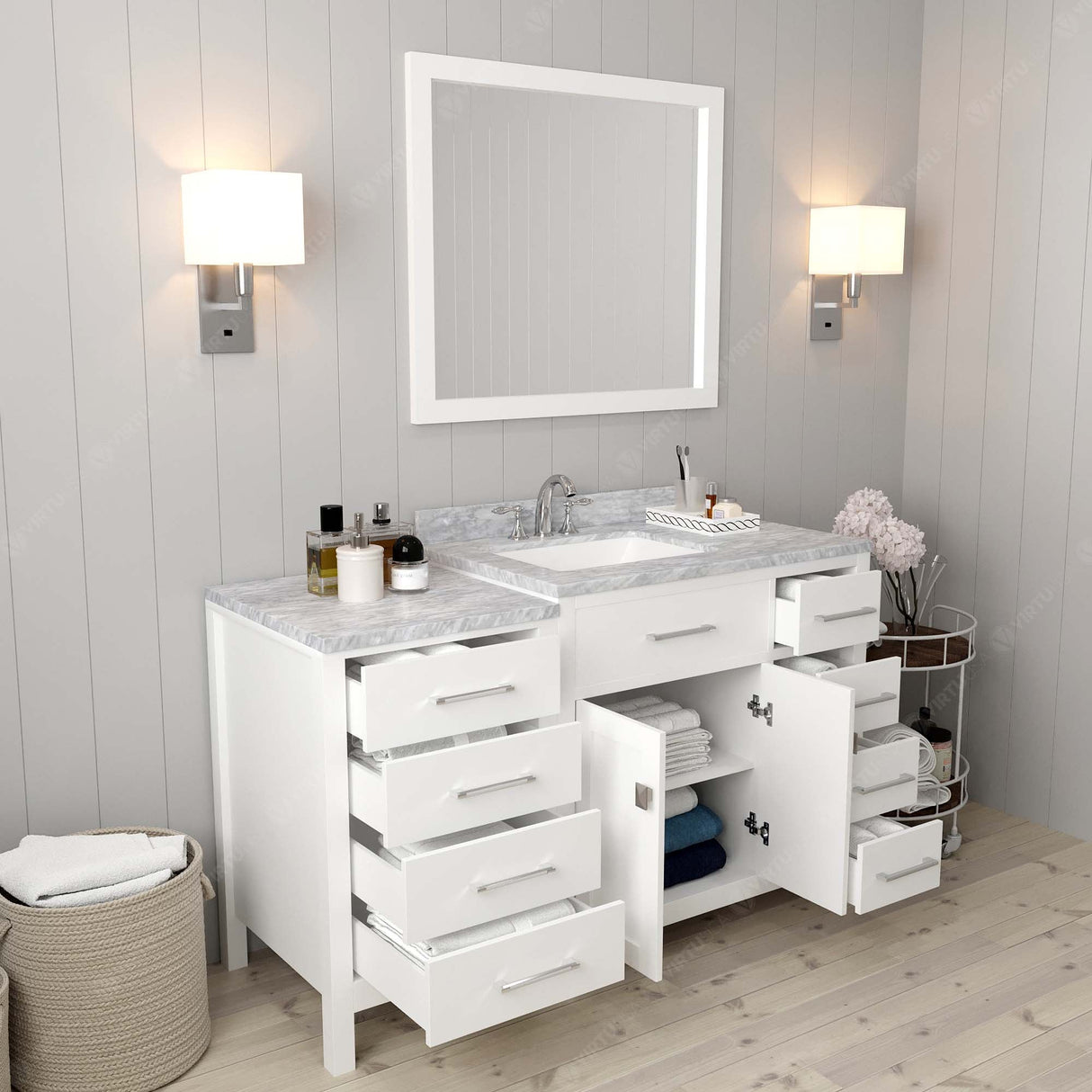 Virtu USA Caroline Parkway 57" Single Bath Vanity with Italian White Marble Top and Square Sink with Brushed Nickel Faucet with Matching Mirror