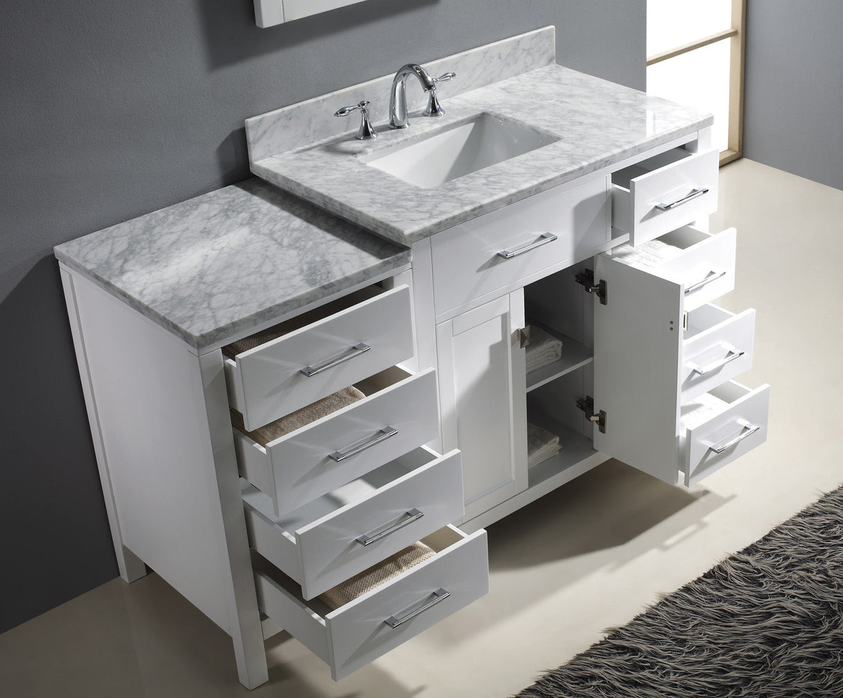 Virtu USA Caroline Parkway 57" Single Bath Vanity with Italian White Marble Top and Square Sink with Brushed Nickel Faucet with Matching Mirror