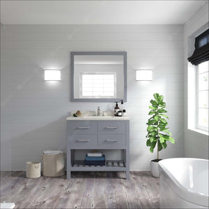 Virtu USA Caroline Estate 36" Single Bath Vanity with Dazzle White Quartz Top and Round Sink with Brushed Nickel Faucet with Matching Mirrors