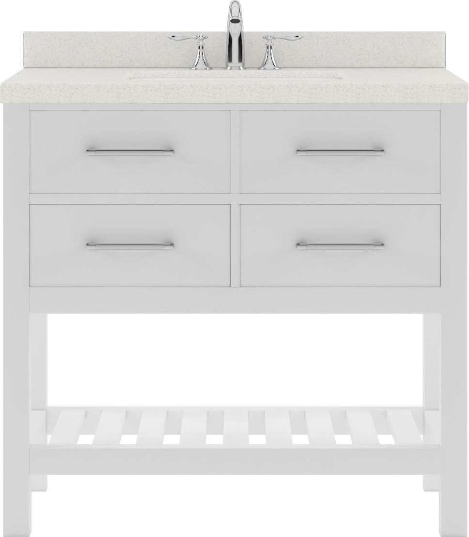 Virtu USA Caroline Estate 36" Single Bath Vanity with Dazzle White Quartz Top and Round Sink with Polished Chrome Faucet with Matching Mirrors