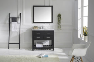 Virtu USA Caroline Estate 36" Single Bath Vanity with White Marble Top and Round Sink with Polished Chrome Faucet with Matching Mirrors
