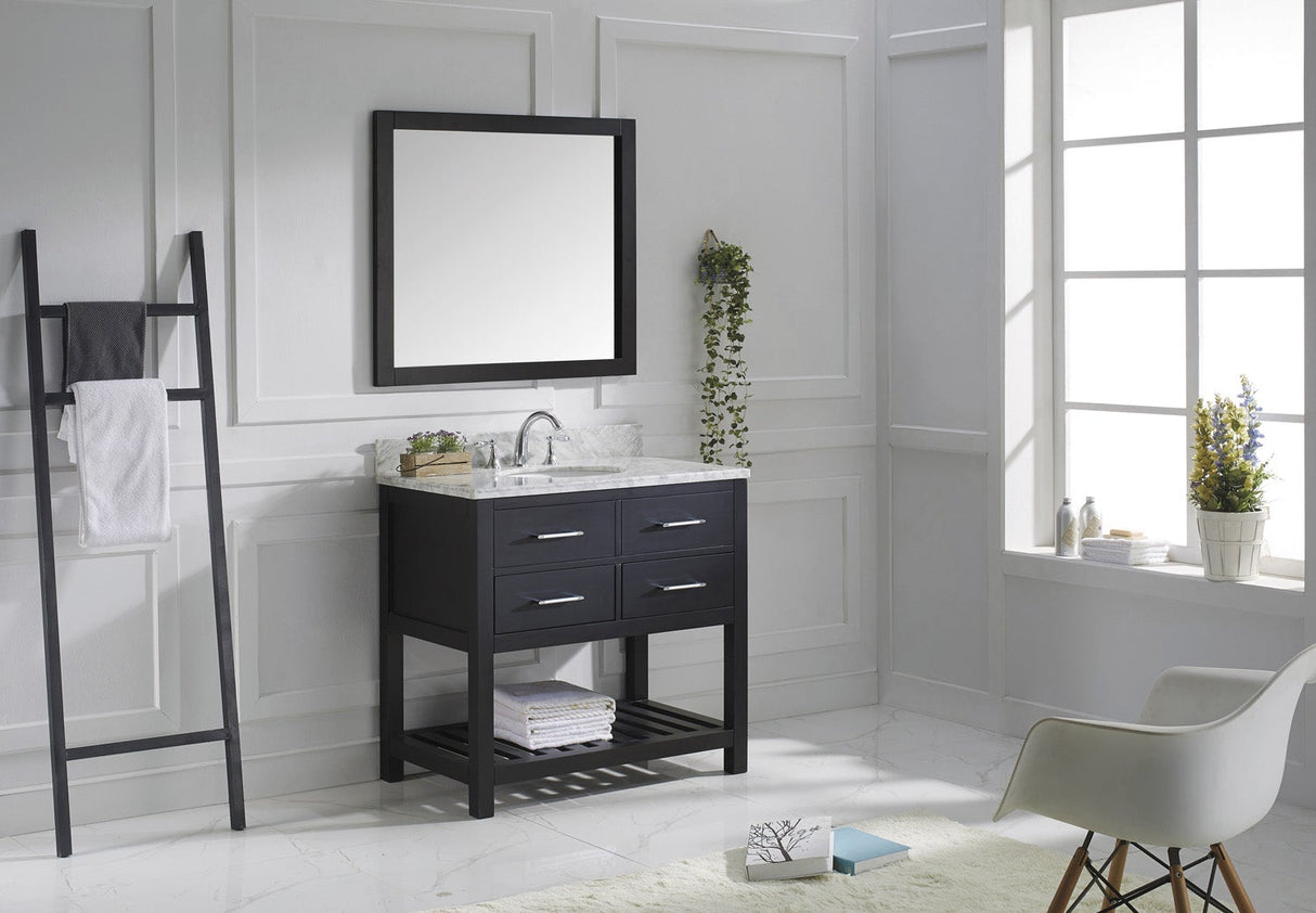 Virtu USA Caroline Estate 36" Single Bath Vanity with White Marble Top and Round Sink with Polished Chrome Faucet with Matching Mirrors