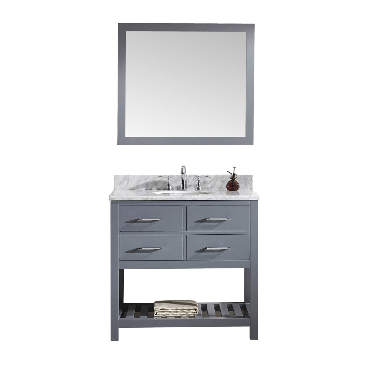 Virtu USA Caroline Estate 36" Single Bath Vanity with Marble Top and Round Sink with Brushed Nickel Faucet and Mirror - Luxe Bathroom Vanities