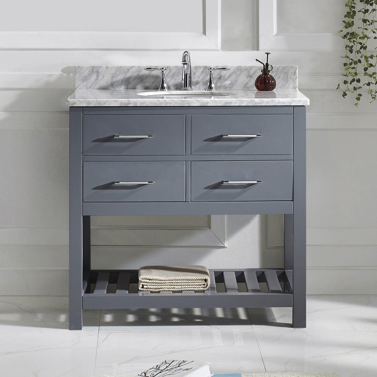 Virtu USA Caroline Estate 36" Single Bath Vanity with White Marble Top and Round Sink