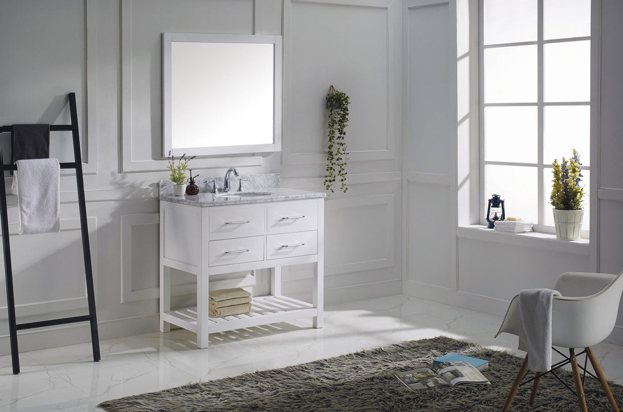 Virtu USA Caroline Estate 36" Single Bath Vanity with White Marble Top and Round Sink with Brushed Nickel Faucet with Matching Mirrors