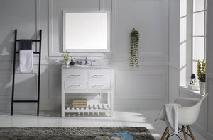Virtu USA Caroline Estate 36" Single Bath Vanity with White Marble Top and Round Sink with Polished Chrome Faucet with Matching Mirrors