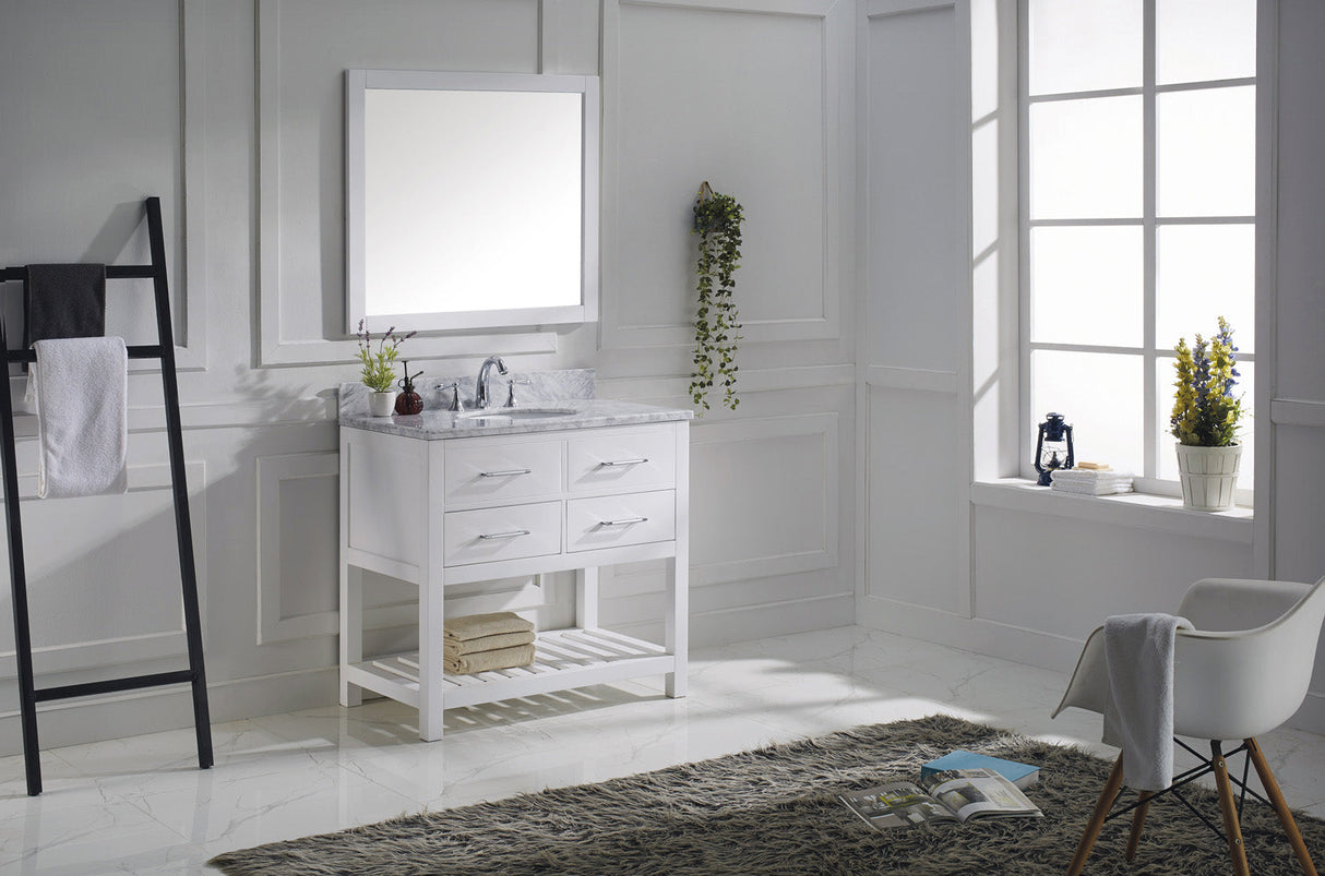 Virtu USA Caroline Estate 36" Single Bath Vanity with White Marble Top and Round Sink with Polished Chrome Faucet with Matching Mirrors