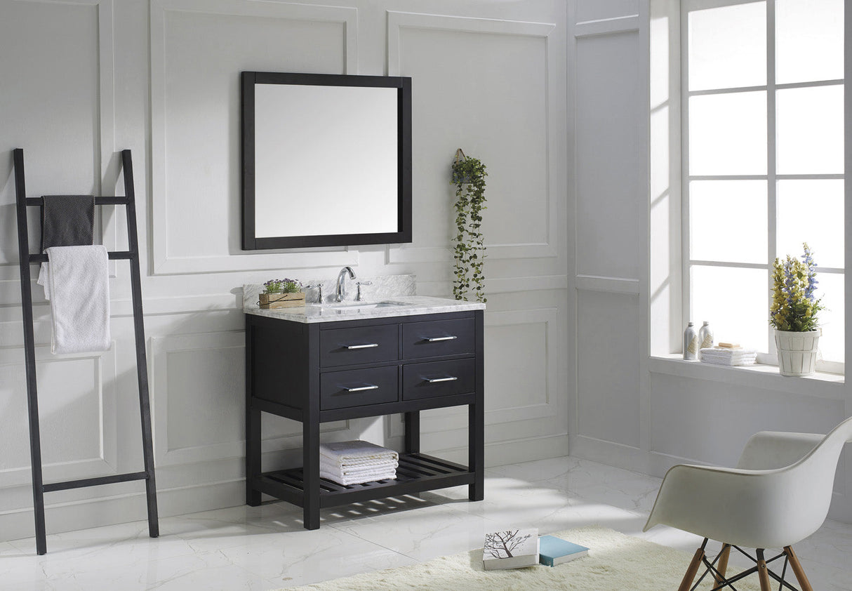 Virtu USA Caroline Estate 36" Single Bath Vanity with White Marble Top and Square Sink with Brushed Nickel Faucet with Matching Mirrors