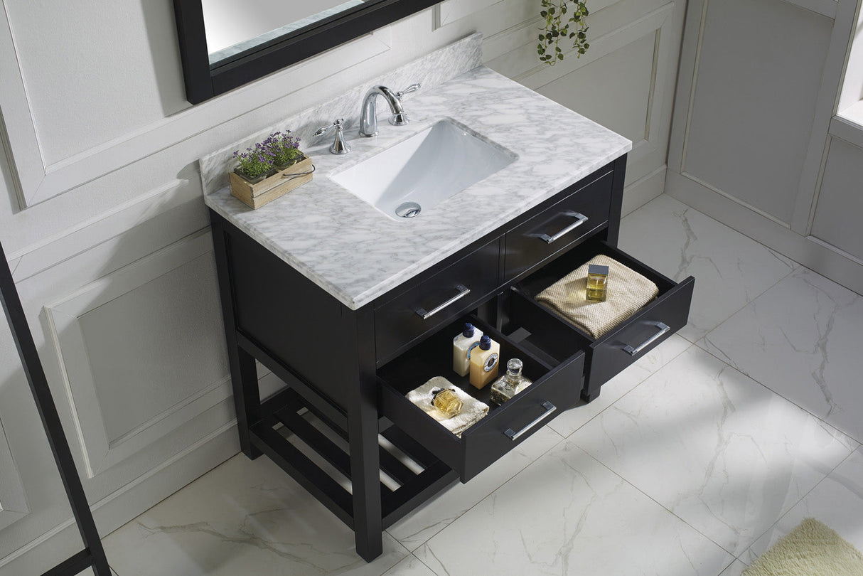 Virtu USA Caroline Estate 36" Single Bath Vanity with White Marble Top and Square Sink with Brushed Nickel Faucet with Matching Mirrors