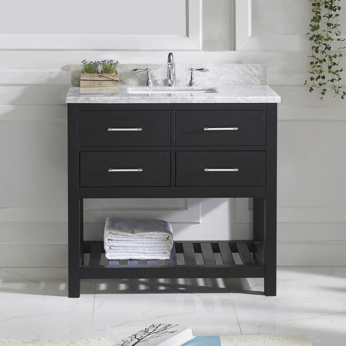 Virtu USA Caroline Estate 36" Single Bath Vanity with White Marble Top and Square Sink