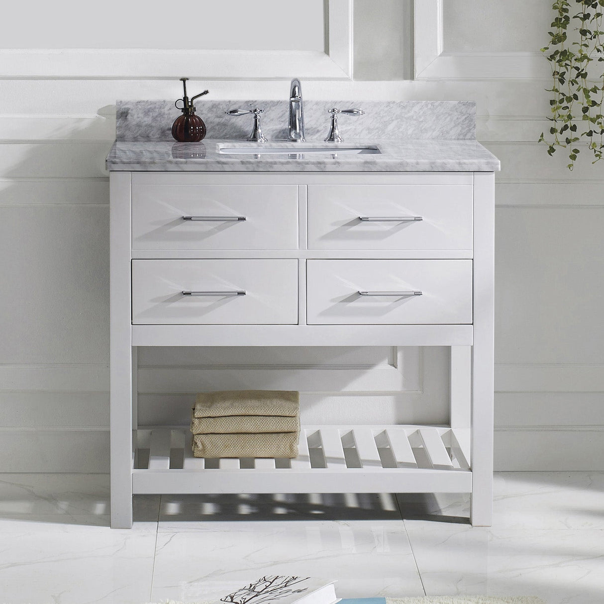 Virtu USA Caroline Estate 36" Single Bath Vanity with White Marble Top and Square Sink with Brushed Nickel Faucet