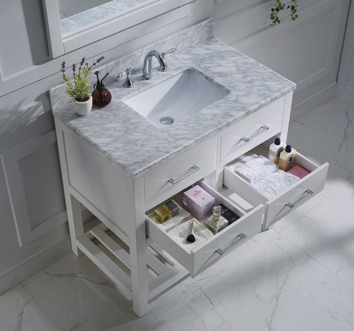 Virtu USA Caroline Estate 36" Single Bath Vanity with White Marble Top and Square Sink with Polished Chrome Faucet with Matching Mirrors