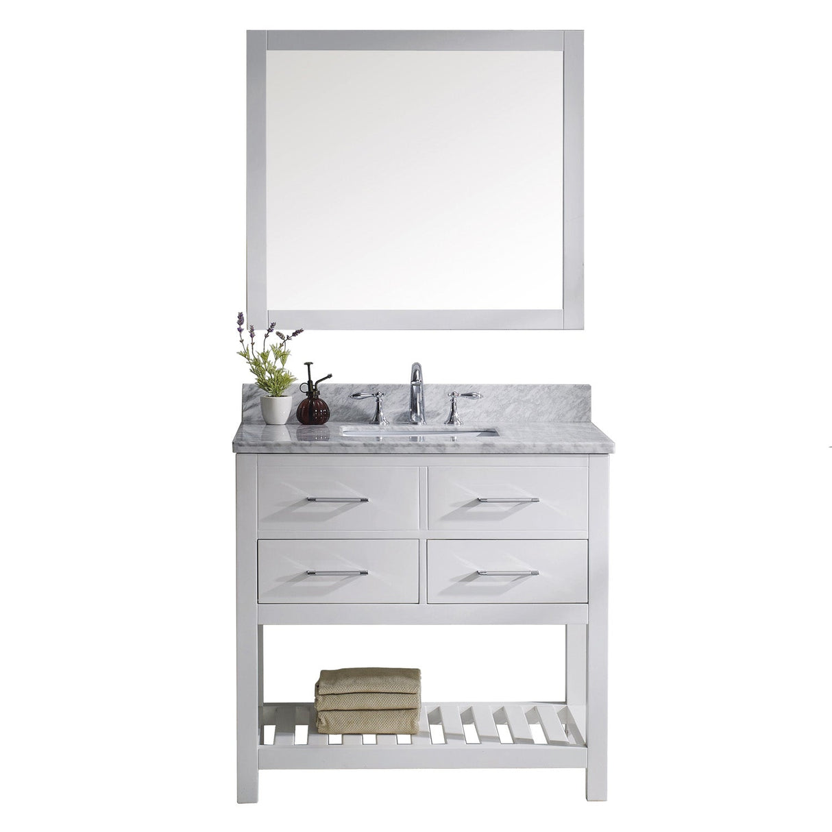 Virtu USA Caroline Estate 36" Single Bath Vanity with Marble Top and Square Sink with Polished Chrome Faucet and Mirror - Luxe Bathroom Vanities Luxury Bathroom Fixtures Bathroom Furniture