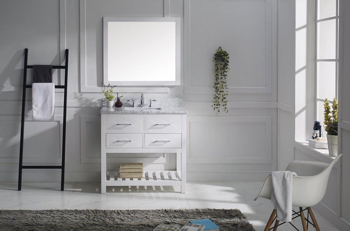 Virtu USA Caroline Estate 36" Single Bath Vanity with White Marble Top and Square Sink with Matching Mirrors