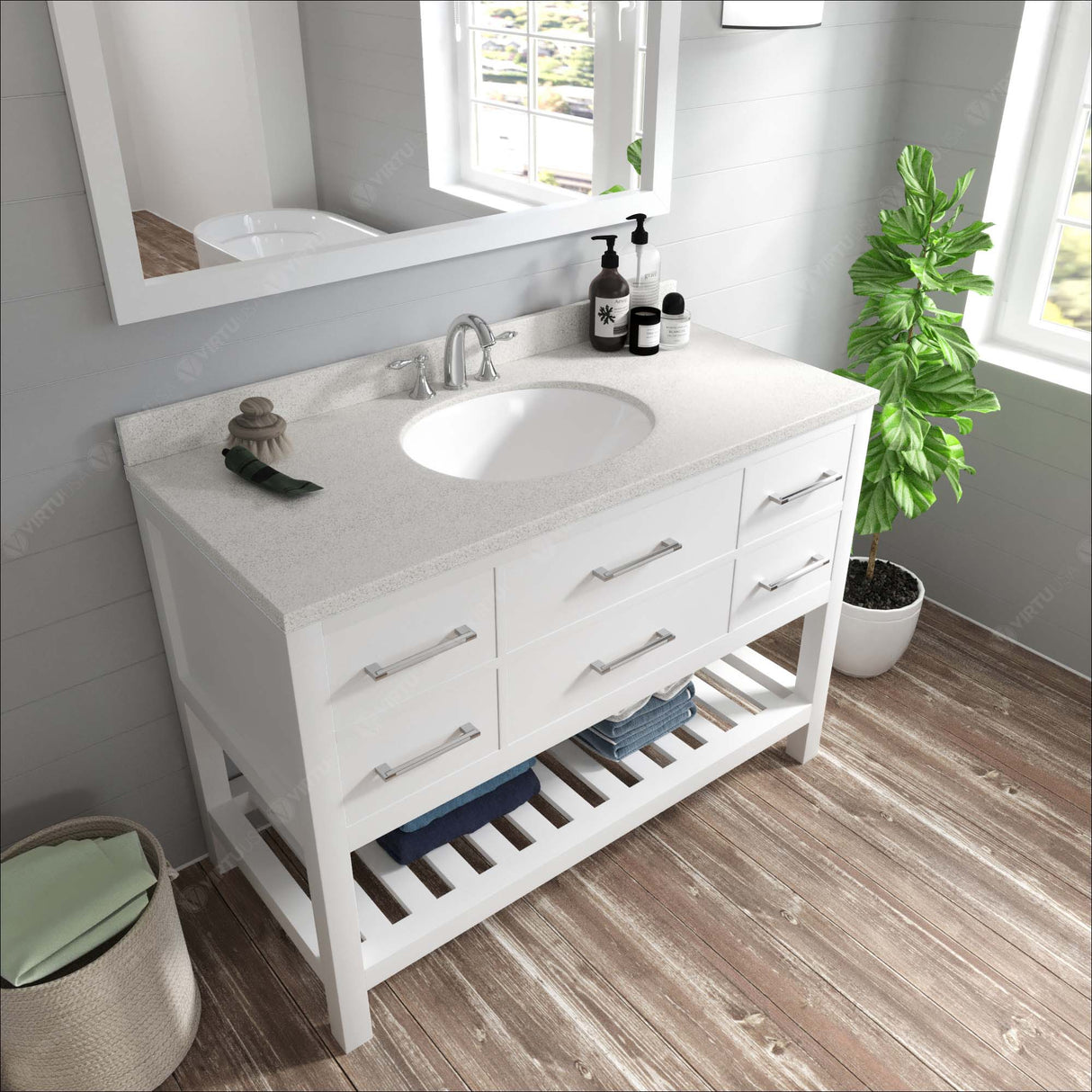 Virtu USA Caroline Estate 48" Single Bath Vanity with White Quartz Top and Round Sink with Matching Mirrors