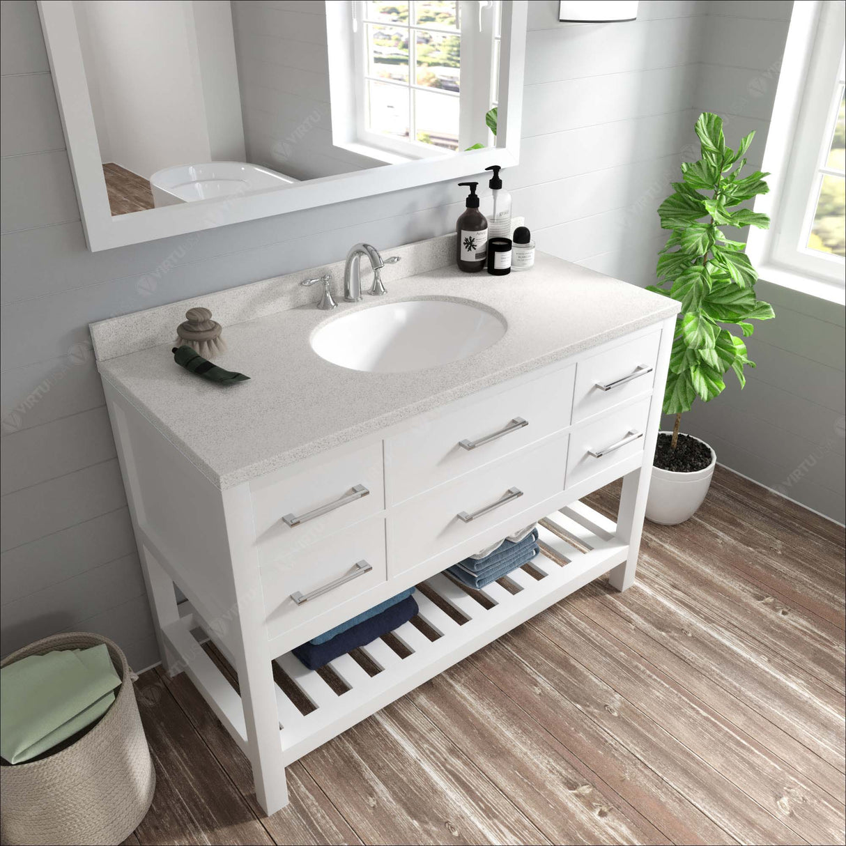 Virtu USA Caroline Estate 48" Single Bath Vanity with White Quartz Top and Round Sink with Brushed Nickel Faucet with Matching Mirrors