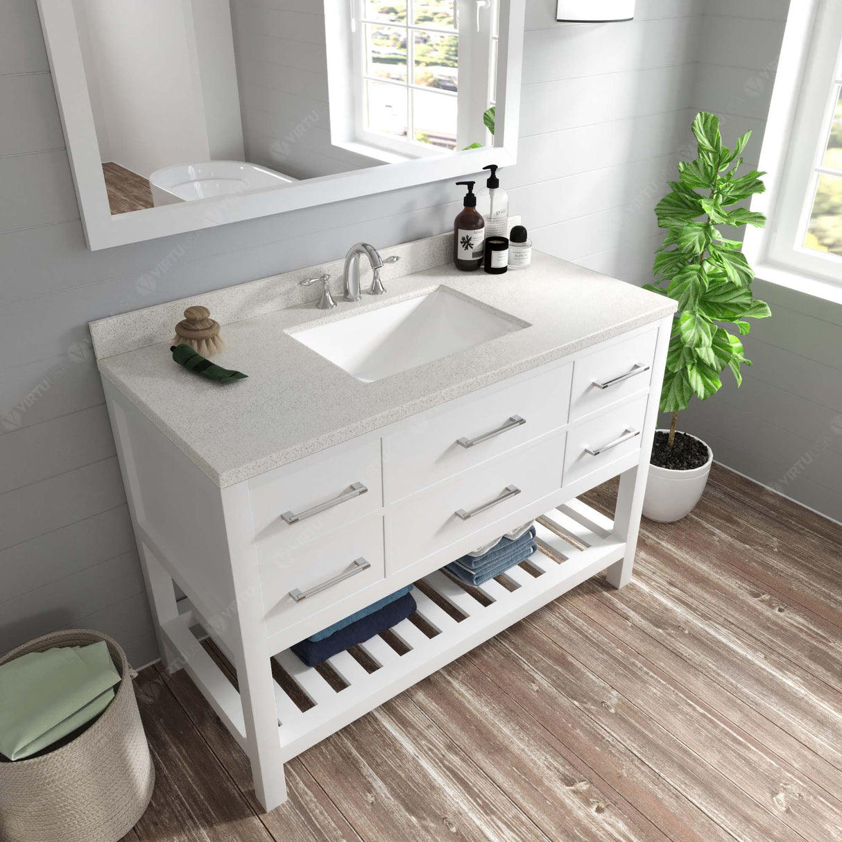 Virtu USA Caroline Estate 48" Single Bath Vanity with White Quartz Top and Square Sink with Brushed Nickel Faucet with Matching Mirrors