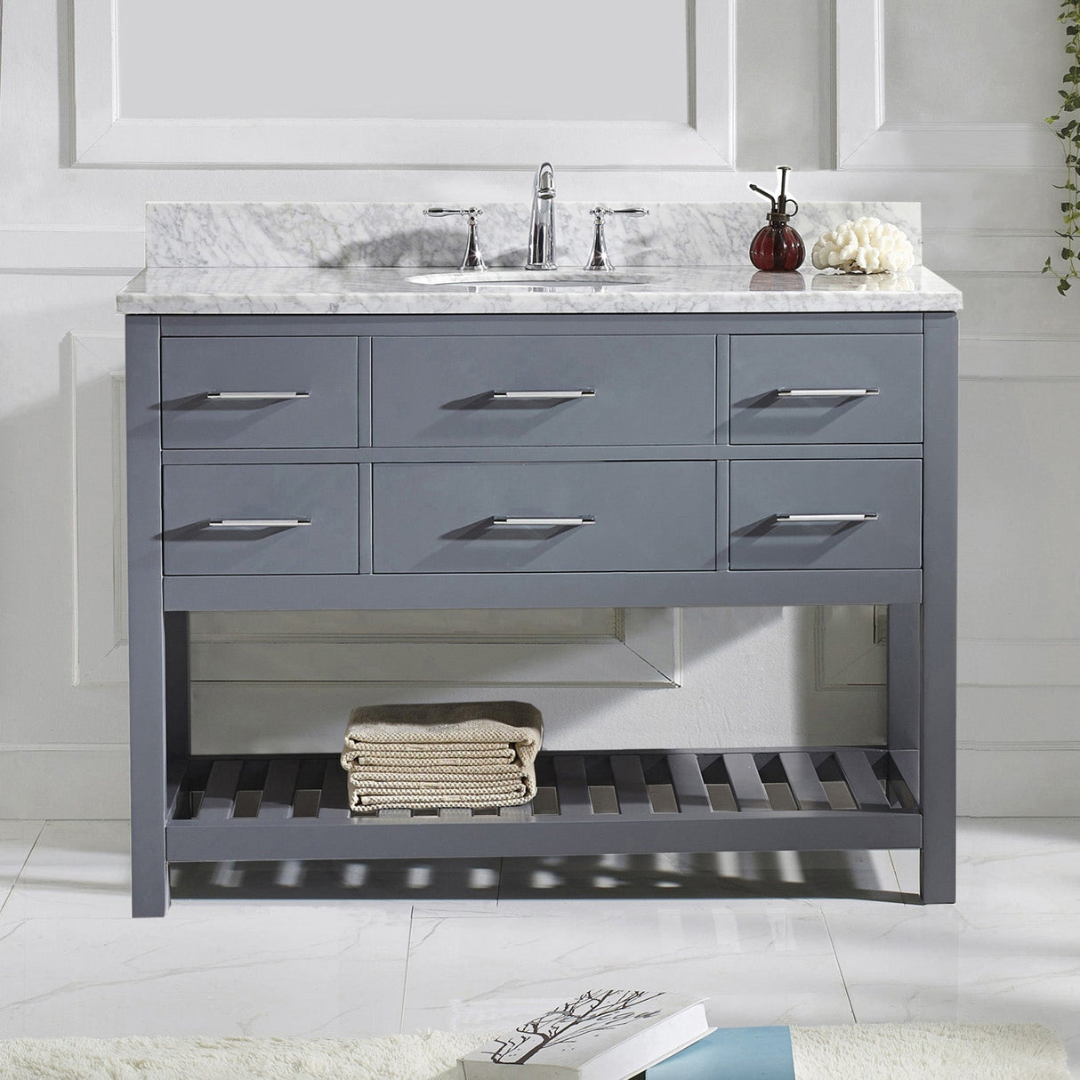 Virtu USA Caroline Estate 48" Single Bath Vanity with White Marble Top and Round Sink