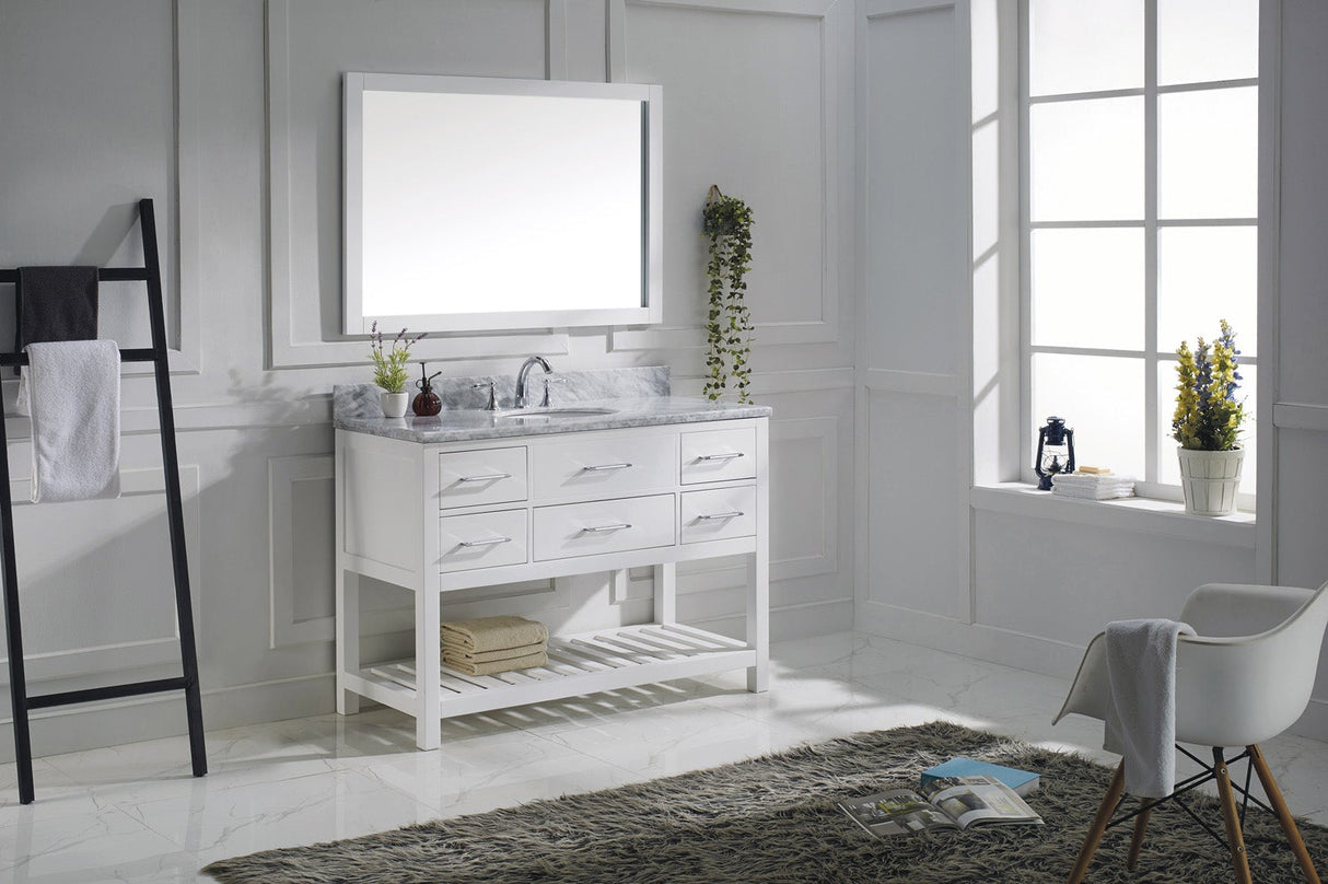 Virtu USA Caroline Estate 48" Single Bath Vanity with White Marble Top and Round Sink with Polished Chrome Faucet with Matching Mirrors