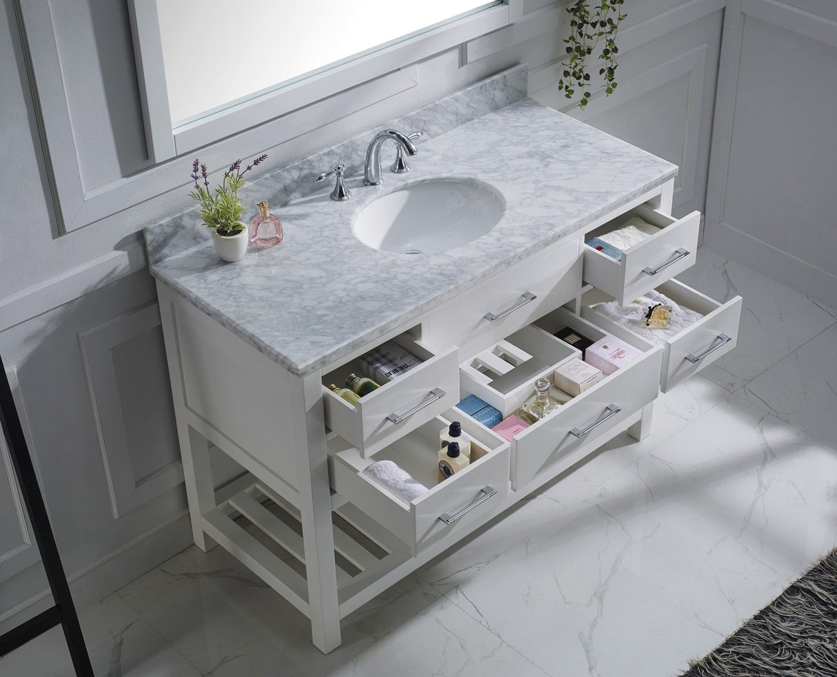 Virtu USA Caroline Estate 48" Single Bath Vanity with White Marble Top and Round Sink with Polished Chrome Faucet with Matching Mirrors