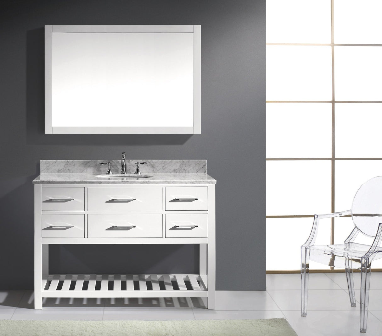 Virtu USA Caroline Estate 48" Single Bath Vanity with White Marble Top and Round Sink with Polished Chrome Faucet with Matching Mirrors