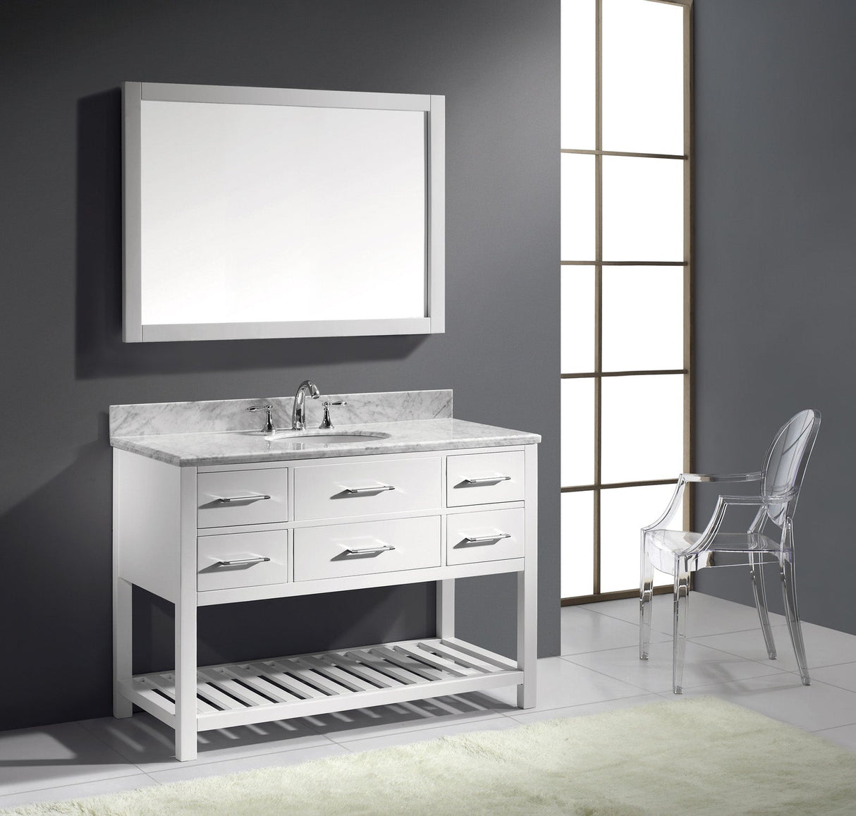 Virtu USA Caroline Estate 48" Single Bath Vanity with White Marble Top and Round Sink with Polished Chrome Faucet with Matching Mirrors