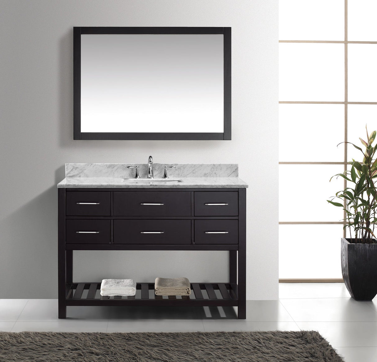 Virtu USA Caroline Estate 48" Single Bath Vanity with White Marble Top and Square Sink with Brushed Nickel Faucet with Matching Mirrors